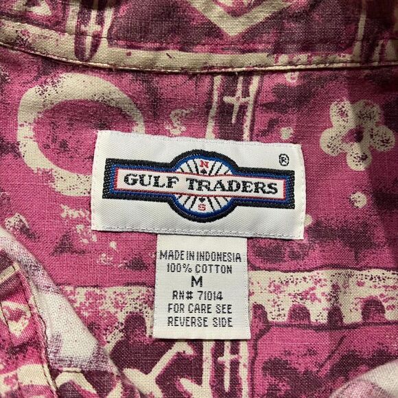 Gulf Traders Vintage 80s Pink White Abstract Button Front Shirt Mens Size Medium - Picture 6 of 8